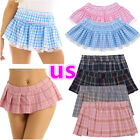 US Sexy Women Men Sissy Crossdress Frilly Lace Mini Flared Plaid Skirt Nightwear