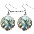 HUMMINGBIRD Earrings Aquamarine Blue Spring Floral Art Print Silver Charm Dangle