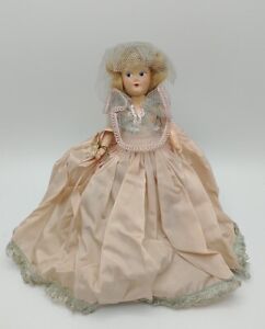 Vintage Composition Doll Old Southern Belle Style Peach Satin Gray Trim