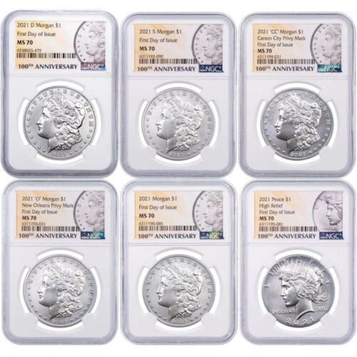 6 Coin Set (MS70 FDOI) - 2021 Morgan Peace Dollar $1 NGC (P D S O CC Peace)