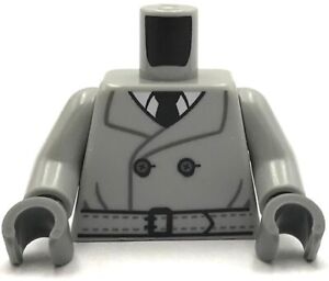 Lego New Light Bluish Gray Minifigue Torso Trench Coat Buttons Tie Suit Piece