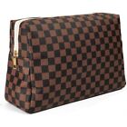 Checkered Travel Makeup Bag, Portable and Waterproof Brown Toiletry Travel Bag