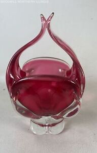 Vintage Cranberry & Clear Art Glass Sculptural Handled Bowl/Dish/Basket/Vase