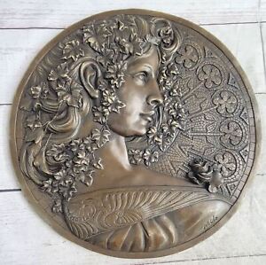 Art Nouveau Female Portrait Bronze Metal Hanging Wall Plate Plaque Signed Art