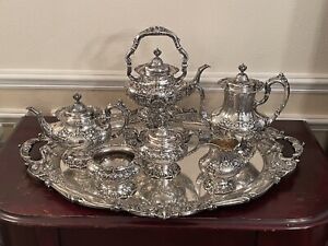 7 PIECE REED & BARTON FRANCIS I STERLING TEA SET W TRAY AND KETTLE 396 TROY OZ