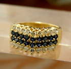 IJS 14K Solid Yellow Gold Pyramid Ring Diamonds & Blue Sapphires Sz 6.25
