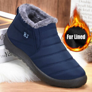 Men Ankle Snow Boots Slip on Winter Waterproof Fur Lined Outdoor Anti-Slip Shoes