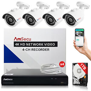 AmSecu 4K Home Security Camera System 4-CH NVR + 4 Bullet PoE Cameras & 1TB HD