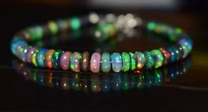 Opal Bracelet Natural Ethiopian Black Opal Gemstone Fire Beads 7.5