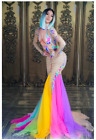 Rainbow Dress Costume Stage Wear Tulle Fishtail Drag Queen Nude Stretch Outfit