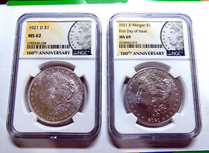 2021 D MORGAN SILVER DOLLAR NGC MS69 FIRST DAY OF ISSUE + 1921 D MS62 2 Coin SET