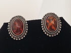 Vintage Sterling Silver with Genuine Amber Oval Earrings - 5/8