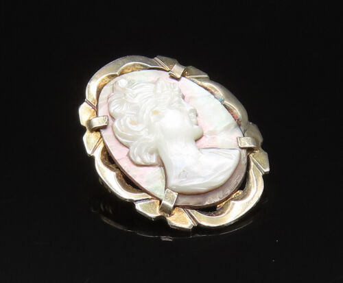 925 Silver - Vintage Carved Mother Of Pearl Woman Cameo Brooch Pin - BP9579