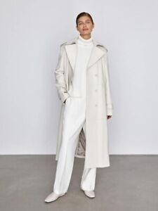 Women's White Lambskin Leather Trench Coat , Handmade Stylish Long Trench Coat