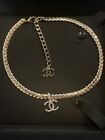 CHANEL Vintage Stripe Chain Necklace Gold Plated Crystal CC Logo Pendant w Box