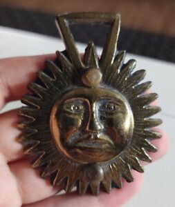 Brass Gold Tomed Horse Medallion Vintage English Raised Sun Face Harness W Clips