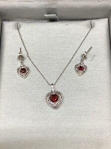 Zales Sterling Silver Necklace & Earring Set Red Rubellite & White Sapphire