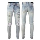 Men Punk Skinny fit Stretch Ripped Patches Sanding Washed Distressed Denim Jeans