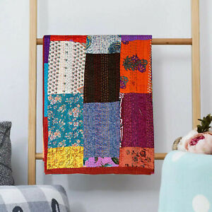Indian handmade silk patchwork kantha quilt bohemian bedspread Blanket Throw