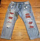 Women's Jeans Cuffed Red Plaid Details Distressed So Cute! Plus Size 2XL