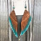 Faux Leather Turquoise & Brown Feather Wing Boho Earrings, New