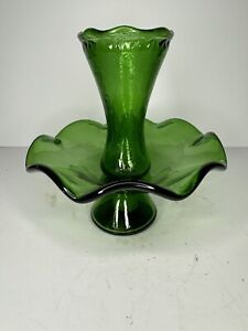 Vintage Italian  Emerald Green Glass Single Epergne Pedestal Vase 7” Read
