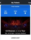 1 Ed Sheeran concert tickets Pittsburgh, PA 7/8. Sec 111, Row D, Seat 9