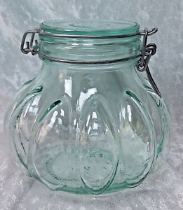 Glass Green Apothecary Jar W/ Clamp Lid Hermetic 6.5” H x 7