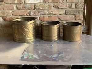 3 Vintage Nesting Solid Brass Planter Pots Hosley India Graduated 9” 8” 7”