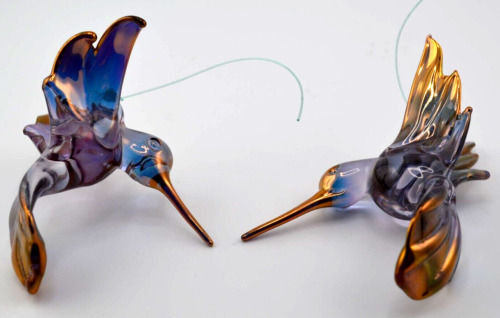 Two Vintage Blown Glass Gilt and Blue Hummingbird Ornaments