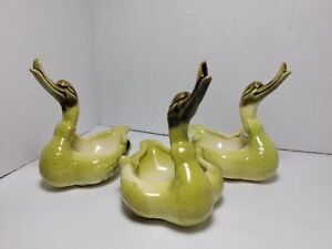 Vintage Hull 3 Green Yellow Ceramic  Swan Planters Ashtrays