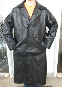 Black Patchwork Leather Trench Coat Jacket Oscar Armanno XL Dbl Breasted button