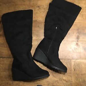 Lane Bryant Boots Women's 9 W Black Emma Knee-High Wedge Faux Fur Cuff Wide Shoe