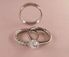 Real Moissanite Trio His Her Bridal Engagement Ring Set 14K White Gold Plated