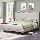 King Size Bed Frame Tall Headboard Upholstered Platform with Charging Station