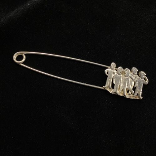 Modern Art Men At Work Silver Tone Large Safety Pin Sculpture Brooch