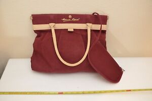 ETIENNE AIGNER Canvas Cloth Tote and Pouch Burgundy Magenta with Tan Handles