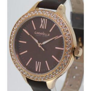 Caravelle Women's New York Pink Steel Braun Leather 37 Zirconia Wrist Watch