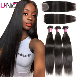 UNice Peruvian Straight 3 Bundles Human Hair Extensions With Lace Closure Weaves