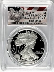 New Listing2021 W PROOF SILVER EAGLE TYPE 1 FIRST STRIKE PCGS PR70 EAGLE FLAG LABEL