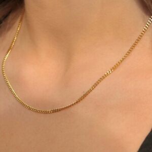 18K Solid Gold Cuban Link Chain Women Necklace 2mm 16