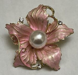 Pink Enamel Crystal Glass Rhinestone Brooch Pin Daisy Rose Flower White Pearl