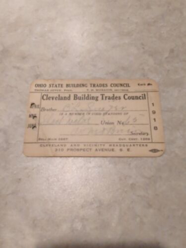 Cleveland Building Trades Council Department Union 1918 Punch Card Member