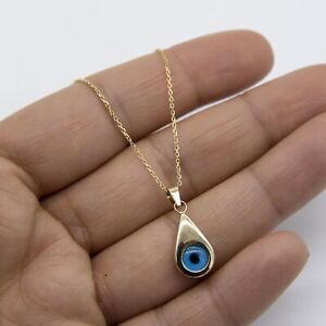 Shiny Teardrop Evil Eye Pendant Necklace Real 14K Yellow Gold All Sizes