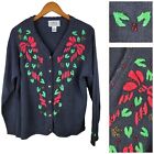 Vintage Cardigan Sweater Size XL Embroidered Holiday bow Holly Berry Beaded