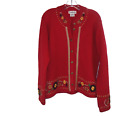 Timber Lea women's size M 100% Wool Red Embroidered Floral Cardigan Sweater