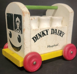 Vintage Playskool Dinky Dairy Wooden Pull Toy Milk Truck with 6 Bottles