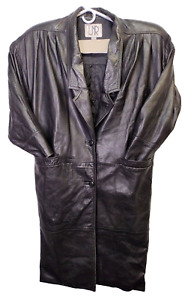 LNR Black Soft Genuine Leather Oversize Womens Large Trench Coat Jacket Vintage