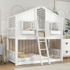 Twin over Twin Bed Frame House Bunk Bed Wood Bunk Bed with Roof&Ladder for Kids