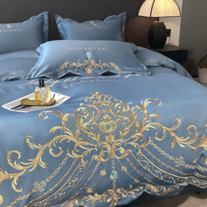Bedding Set 4pcs Classic Embroidery Quilt Cover Flat Sheet 2 Pillowcases Silky